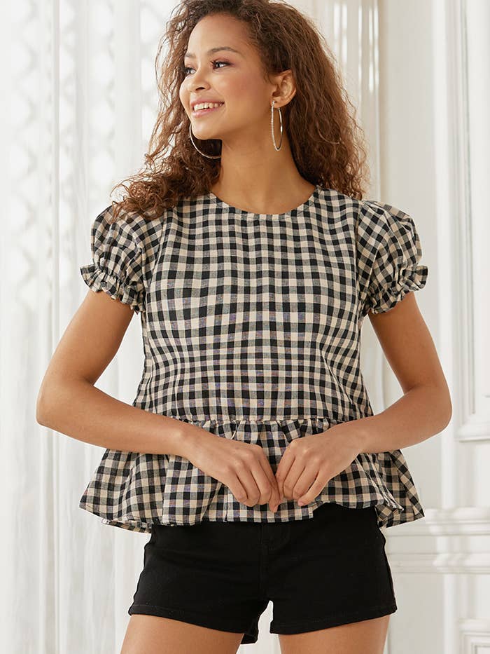 noflik - Wholesale Blouse - Women's - Plus Linen Tie-Back Gingham Peplum Babydoll Top - NT1015