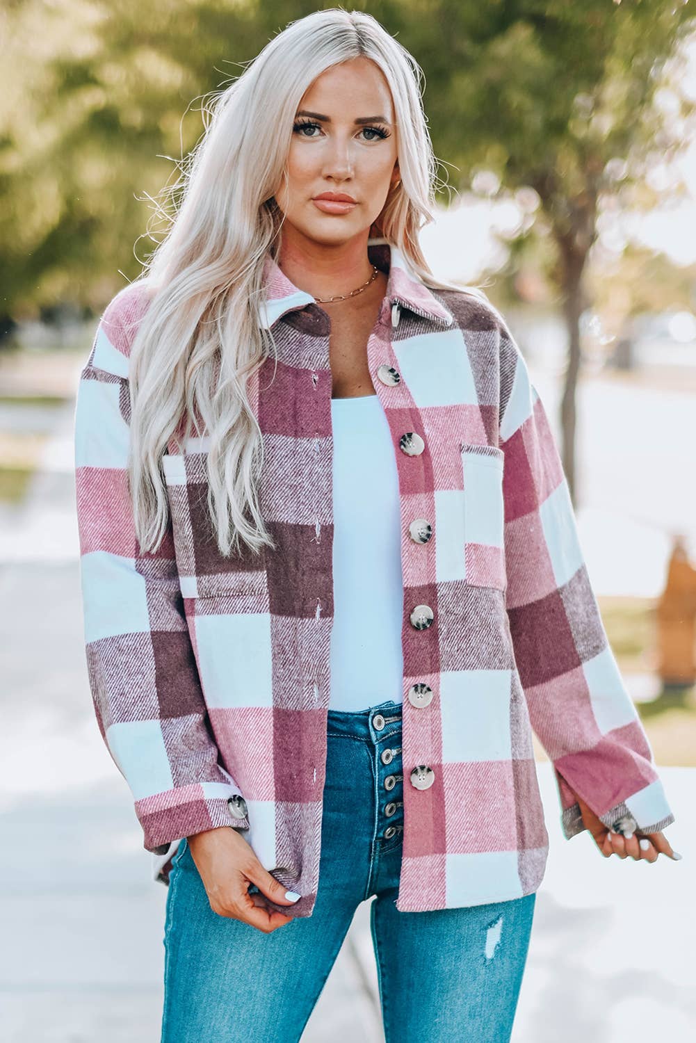 Lovesoft - Wholesale Shirt Jacket/Shacket - Women's - Casual Plaid Block Buttoned Long Sleeve Jacket With Pocket13