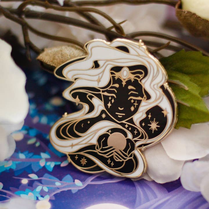 Keely Studios - Wholesale Lapel Pin/Button - Gold Celestial Garden Sun Goddess Hard Enamel Pin - Black Edition3