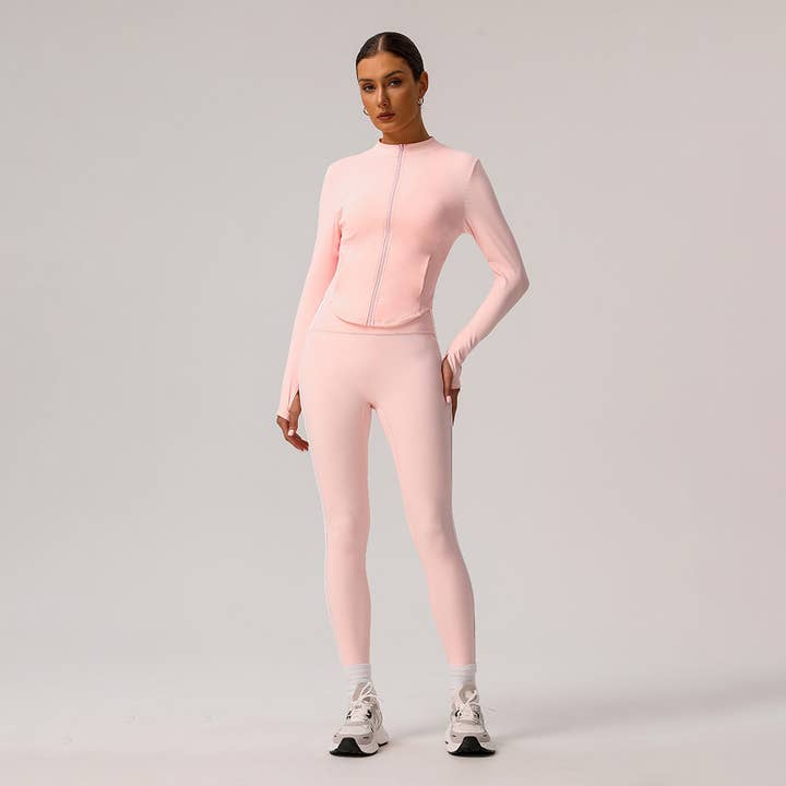 Women Zipper Jacket Yoga Leggings Contrast Color 2 Pcs Set for wholesale by Sodalemon