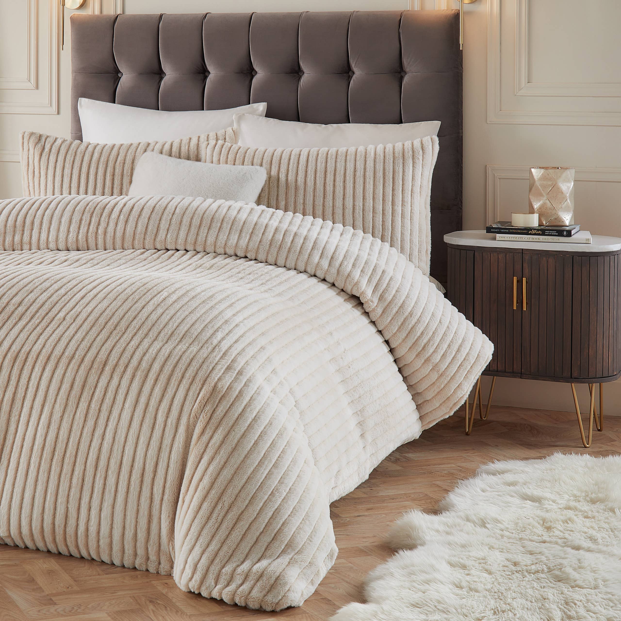 Alpine Striped Faux Fur Duvet Cover Set Champagne for wholesale on Faire2