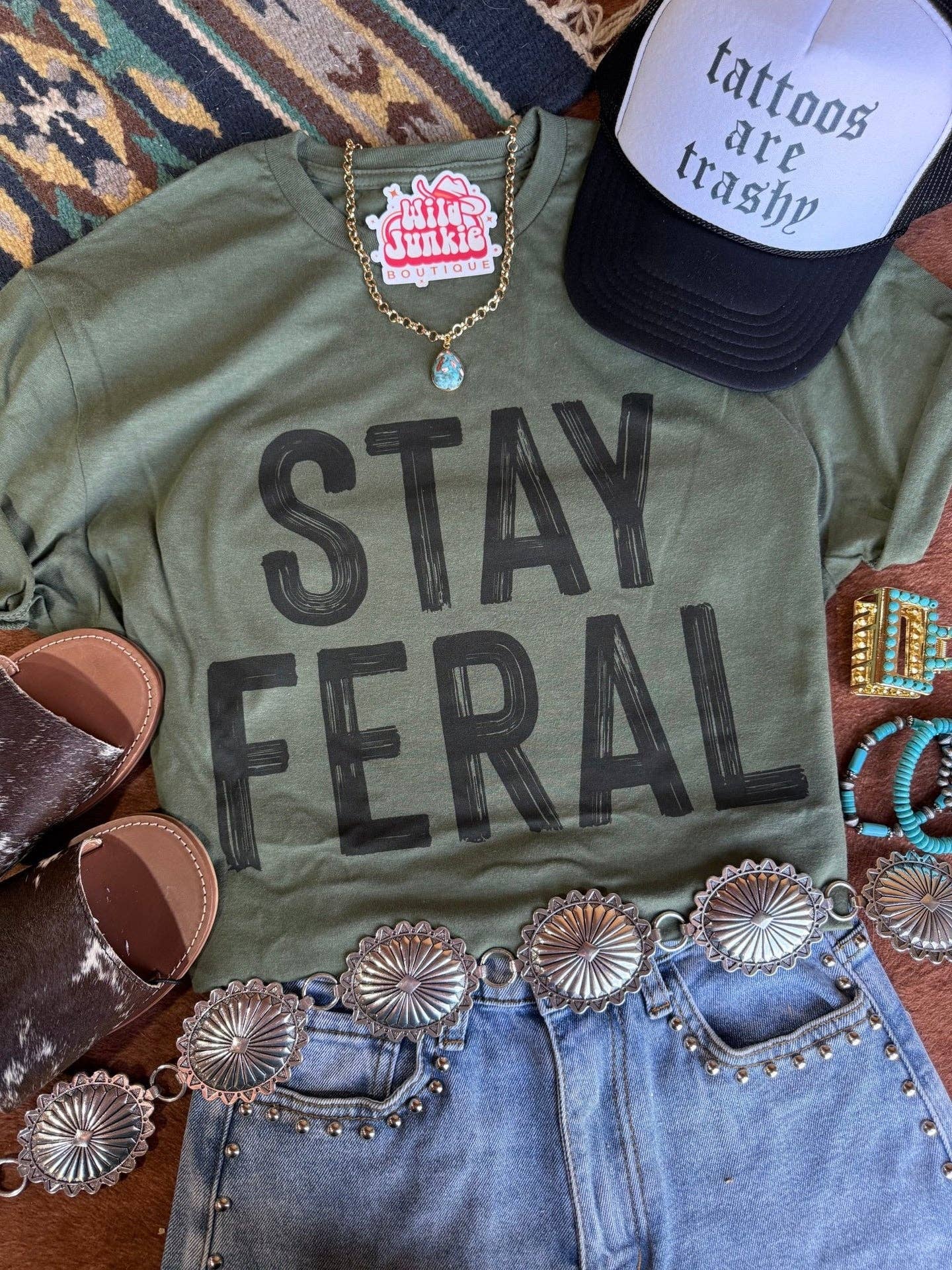 Military Green Stay Feral Graphic Tee for wholesale on Faire0