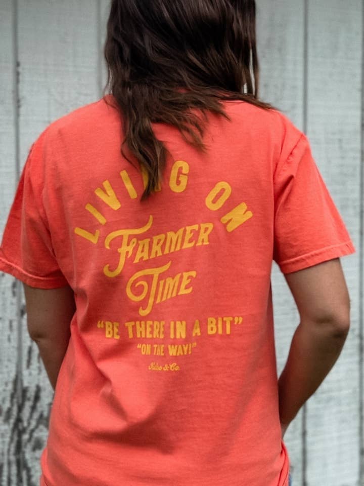 Living On Farmer Time Graphic Tee in Bright Coral for wholesale by Kelso & Company
