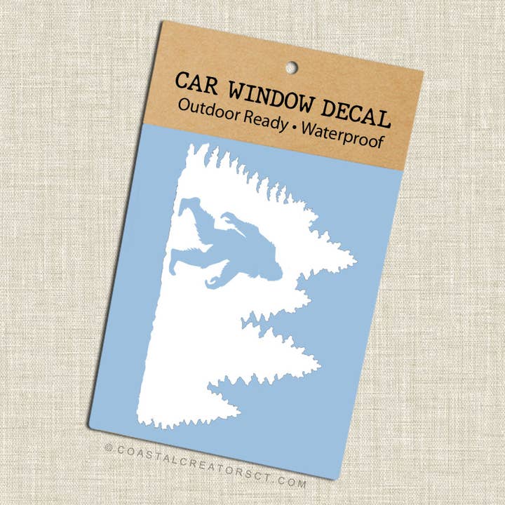 Coastal Creators of Connecticut - Wholesale Sticker - Bigfoot Sasquatch Trees White Vinyl Window Decal (Packaged)
