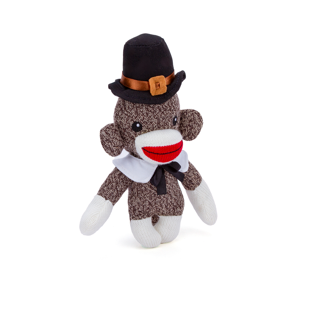 Plushland - Wholesale Stuffed/Plush Toy - Kids & Baby - 6" Thanksgiving Sock Monkey | Holiday Plush in Cap & Collar1