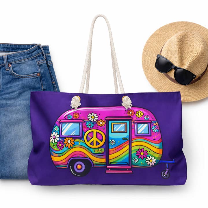 Groovy Retro Camper Weekender Bag,1960s Hippie Bag for wholesale by Upside Down Owl Farm