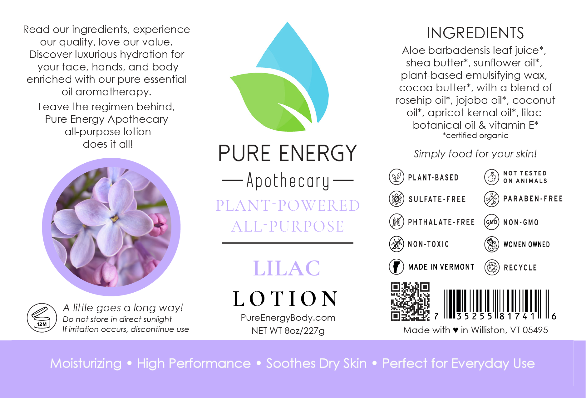Pure Energy Apothecary - Vente Crème/lotion pour le corps - Lotion naturelle tout usage 8 Oz (lilas)1