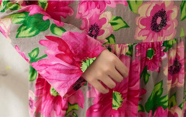 Whisper Mint - Venta al por mayor Vestido - Mujer - Vestido de manga larga con estampado floral magenta y cuello redondo3