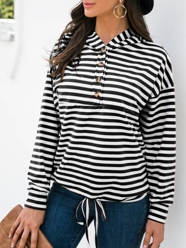 Horizontal Striped Tie Hem Hoodie for wholesale by Anna Kaci Wholesale