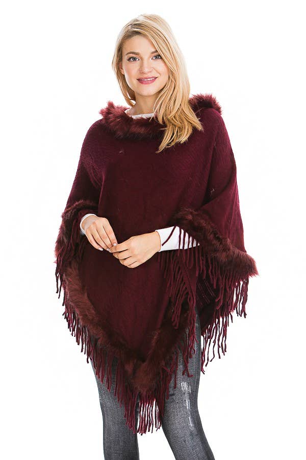 Cap Zone - Wholesale Poncho - Women's - Cable Printed Faux Fur Collar And Trimming Poncho4