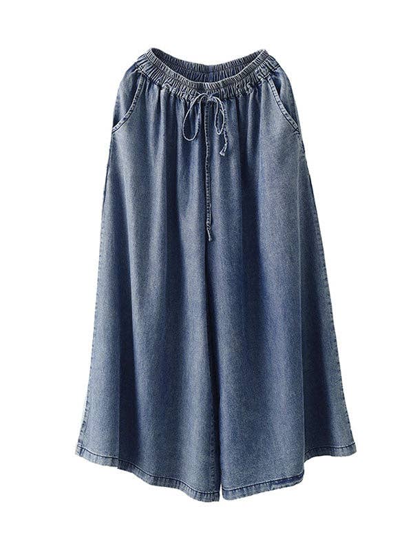 DENIM BLUE High-Waisted Ninth Pants with Drawstring, Elastic Waistband, Pockets, and Solid Color Design for wholesale on Faire3