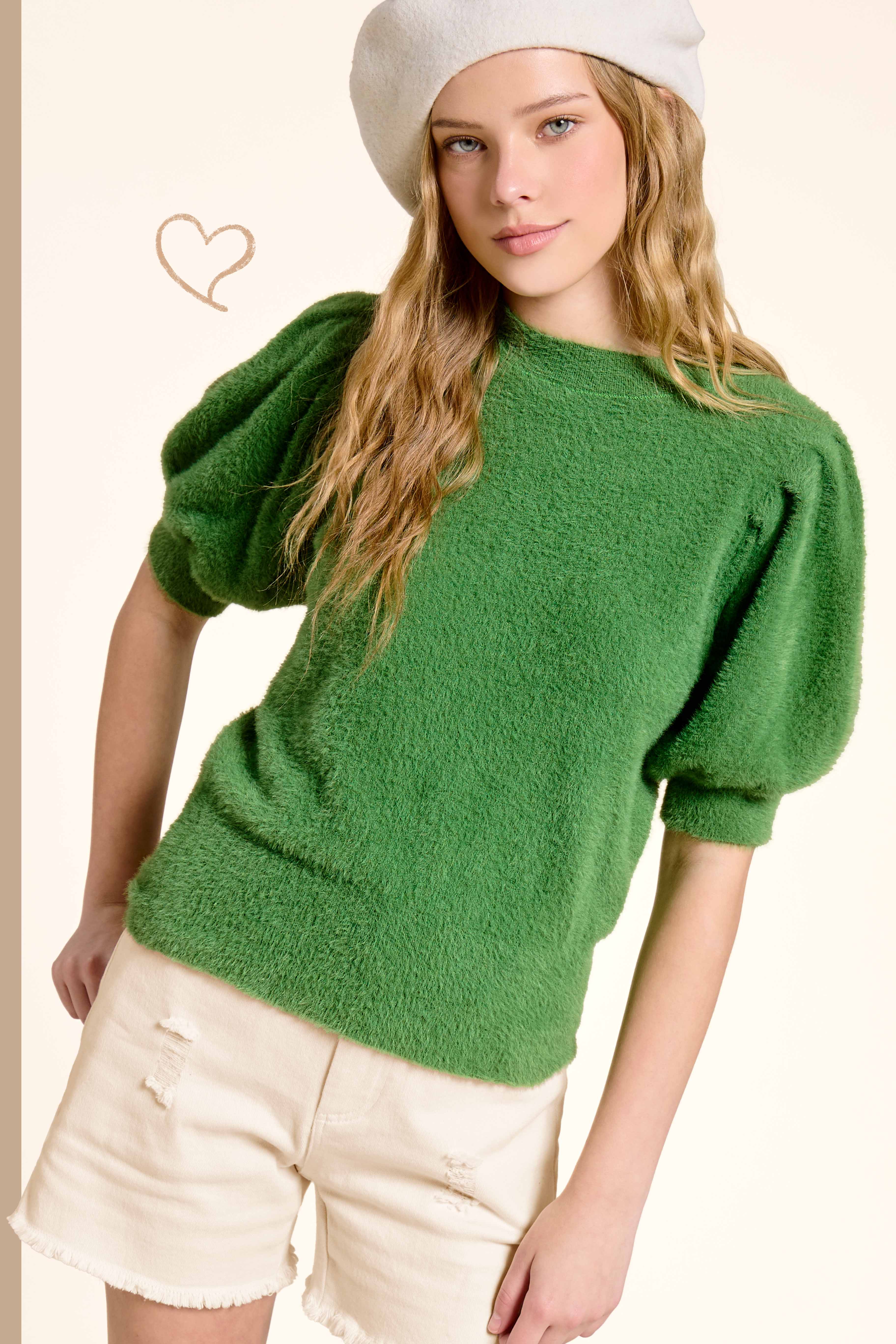 La Miel - Wholesale Blouse - Women's - JCS3554-Soft Mohair Puff Short Sleeve Knit Top6