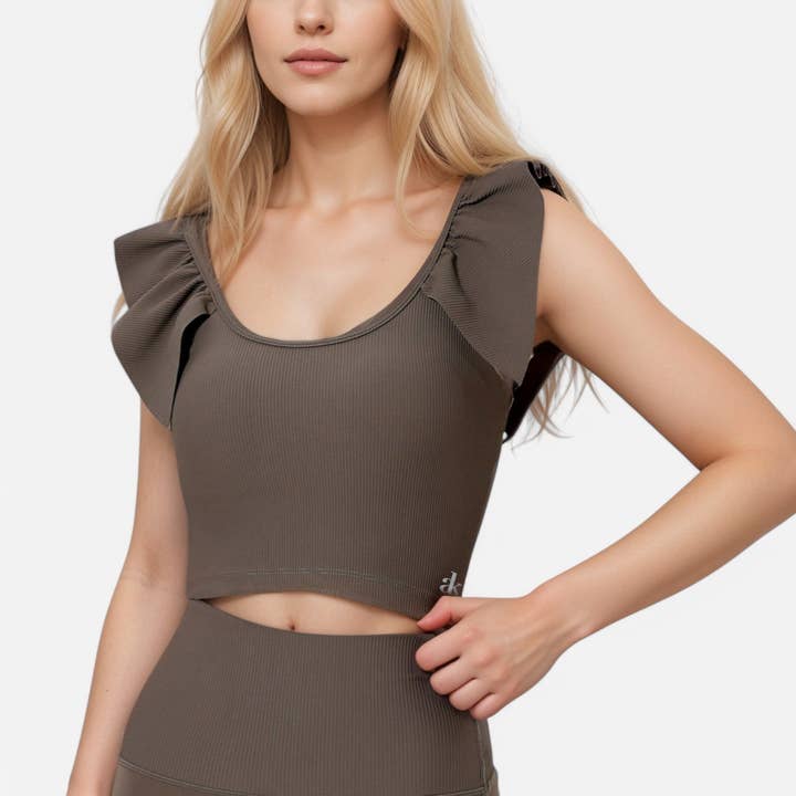 Women's Ribbed Scoop Neck Crop Top with Flutter Shoulder Det for wholesale by Active by Anna-Kaci