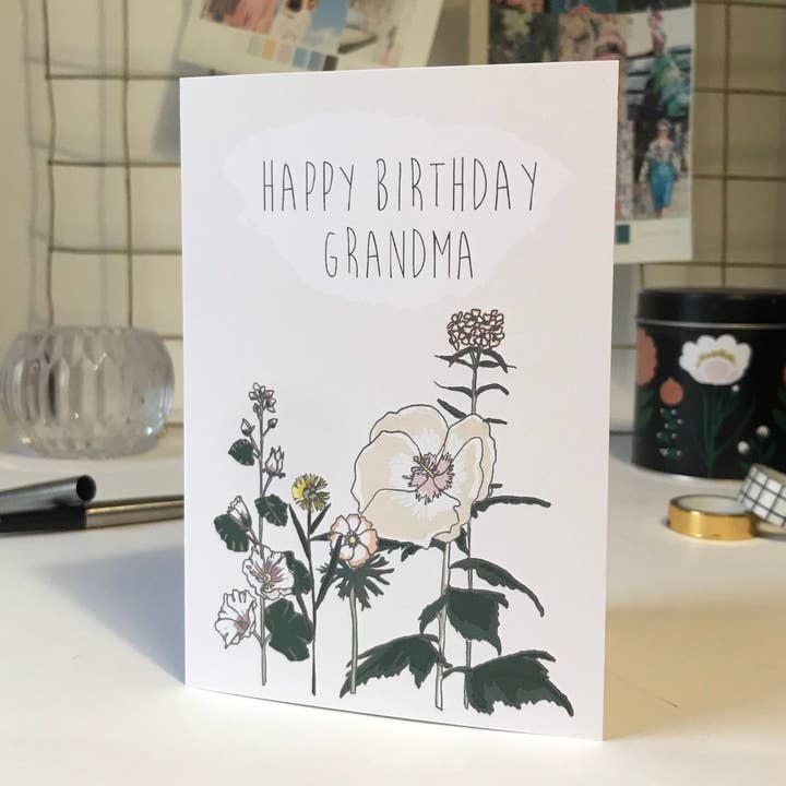 Happy Birthday Grandma, Botanical Floral Greetings Card for wholesale by Lise Marie prints