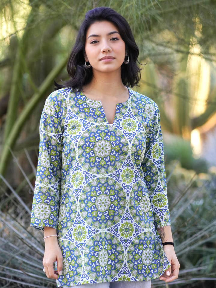 Riley Cotton Kurta Tunic Teal Olive for wholesale on Faire