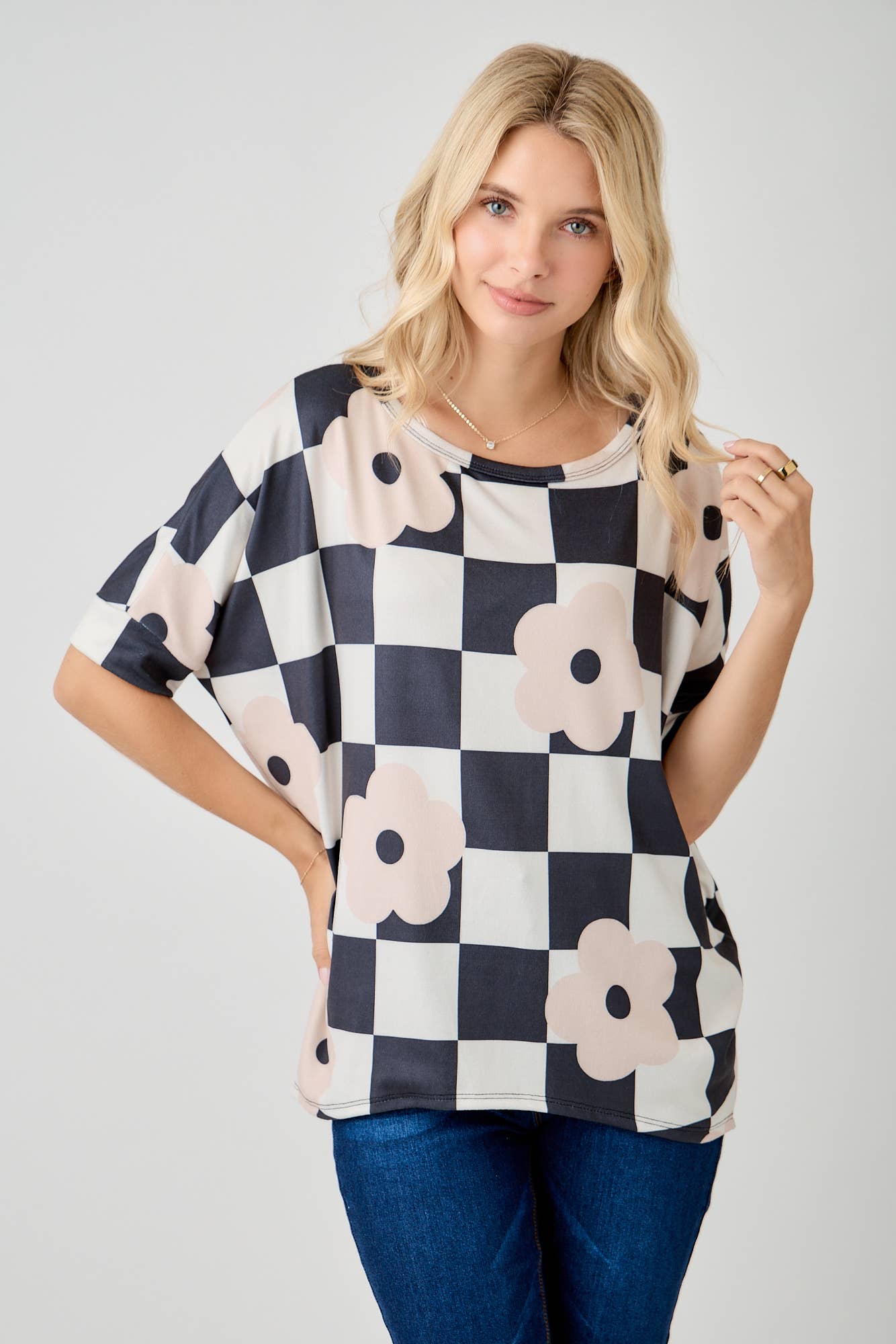 Celeste Clothing - Wholesale Tunic - Women's - WOMEN'S PLUS SIZE CHECKERED FLORAL TOP WITH HIGH-LOW HEM  
12