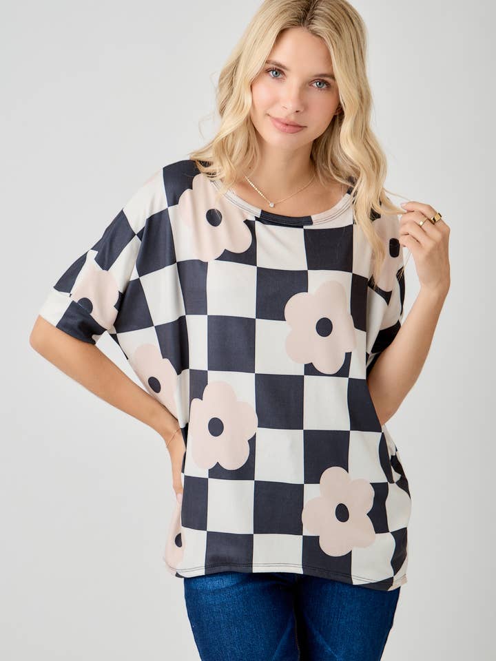 Celeste Clothing - Wholesale Tunic - Women's - WOMEN'S PLUS SIZE CHECKERED FLORAL TOP WITH HIGH-LOW HEM
12