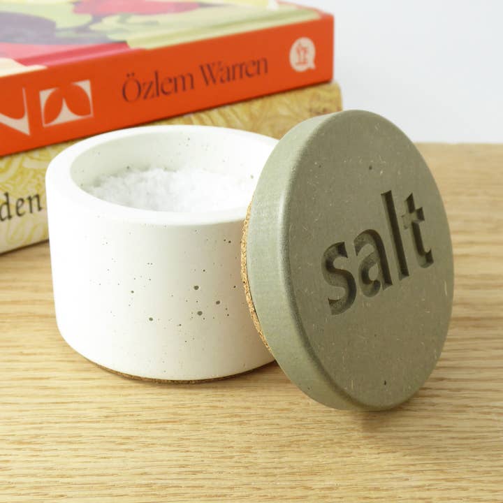White concrete salt pot with sage engraved wooden lid for wholesale by Sarus Originals