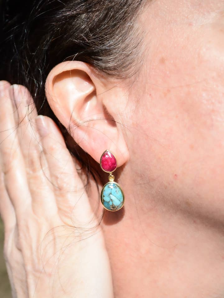 Ruby and turquoise single drop earring for wholesale by AJS Design Studio