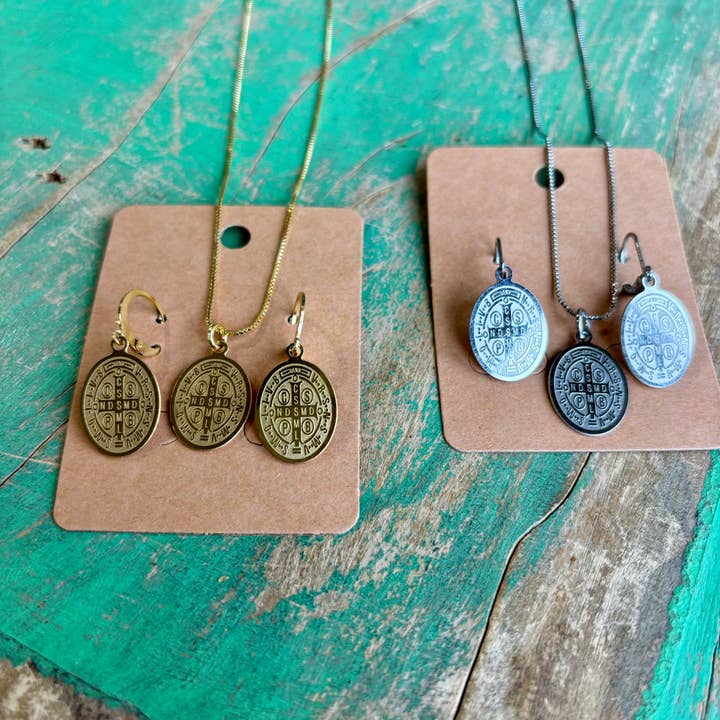 Love and Honor Jesus LLC - Wholesale Pendant/charm necklace - Stainless Steel Oval St Benedict Adjustable Chain Necklace or Earrings2