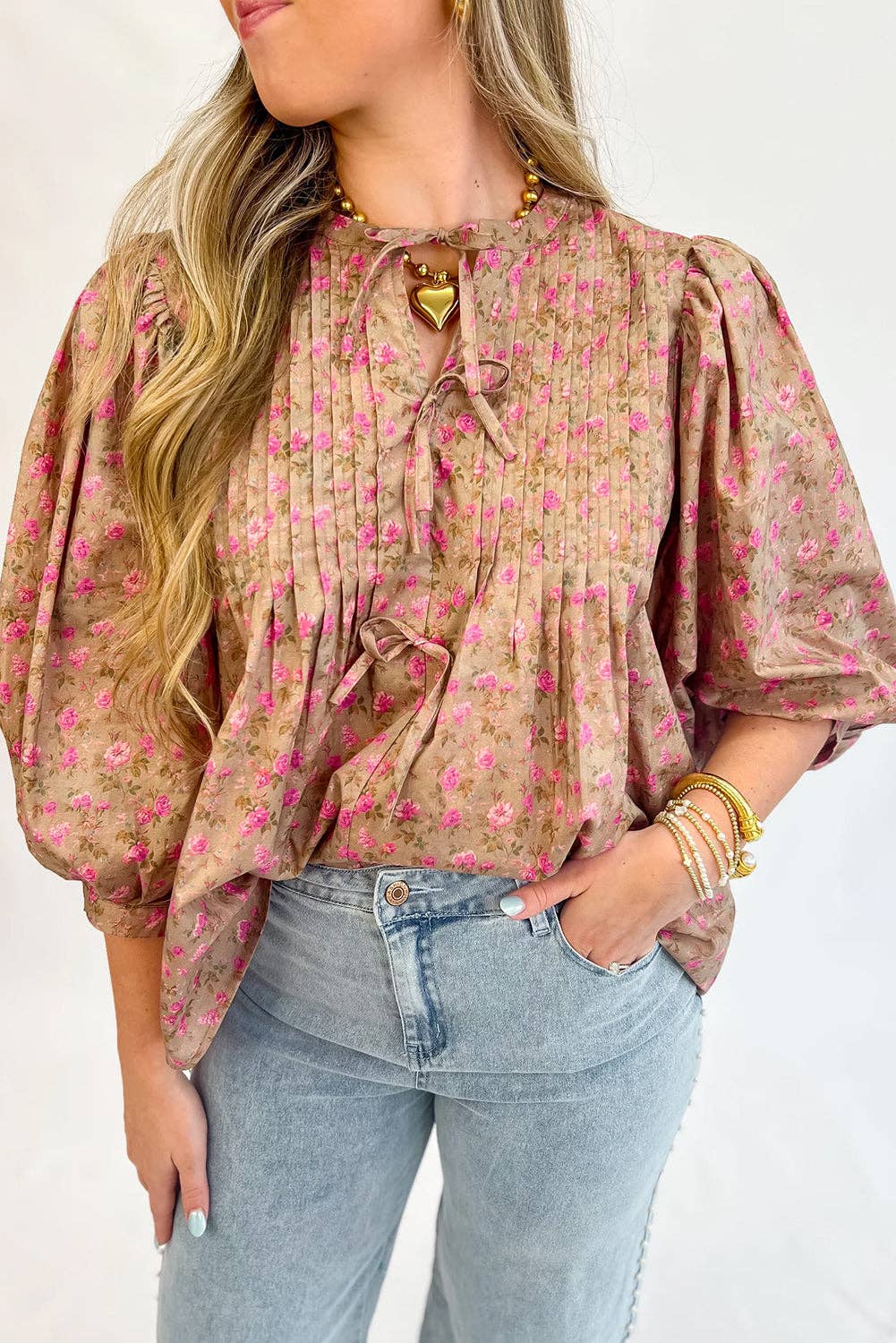 Light French Beige Floral Print Bow Pintuck Bust Half Puff Sleeve Blouse Top for wholesale on Faire