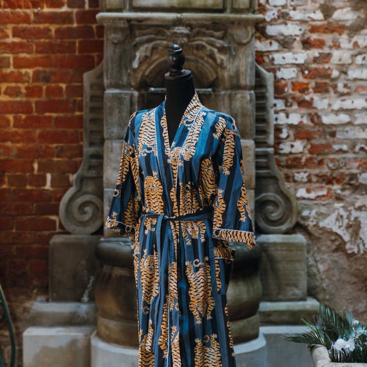 Tiger Print Broad Striped Indigo & Navy Kimono Robe for wholesale by The Bazaar Rabbit
