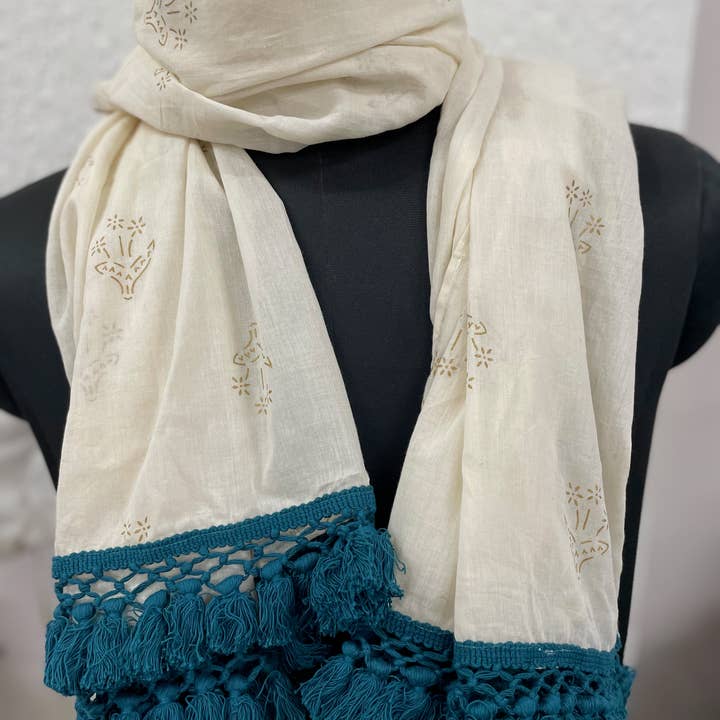 Sewing New Futures, Inc - Wholesale Scarf - Women's - Cream-Golden Woven Cotton Long Scarf6