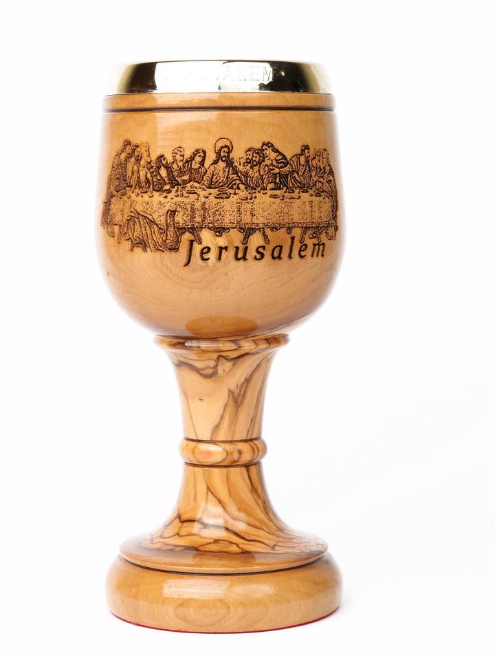 Olive Wood Chalice Cup_ Laser-engraved Last Supper for wholesale by Holyland Artisans