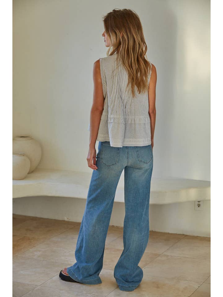 Cream Black L7920 | Woven Cotton Polyester Striped Sleeveless Blouse Top for wholesale on Faire2