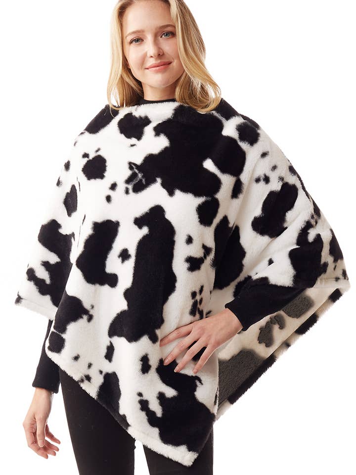 Fashion City – Engroshandel Poncho - Dame – Kvinders ko Print blød imiteret pels Poncho