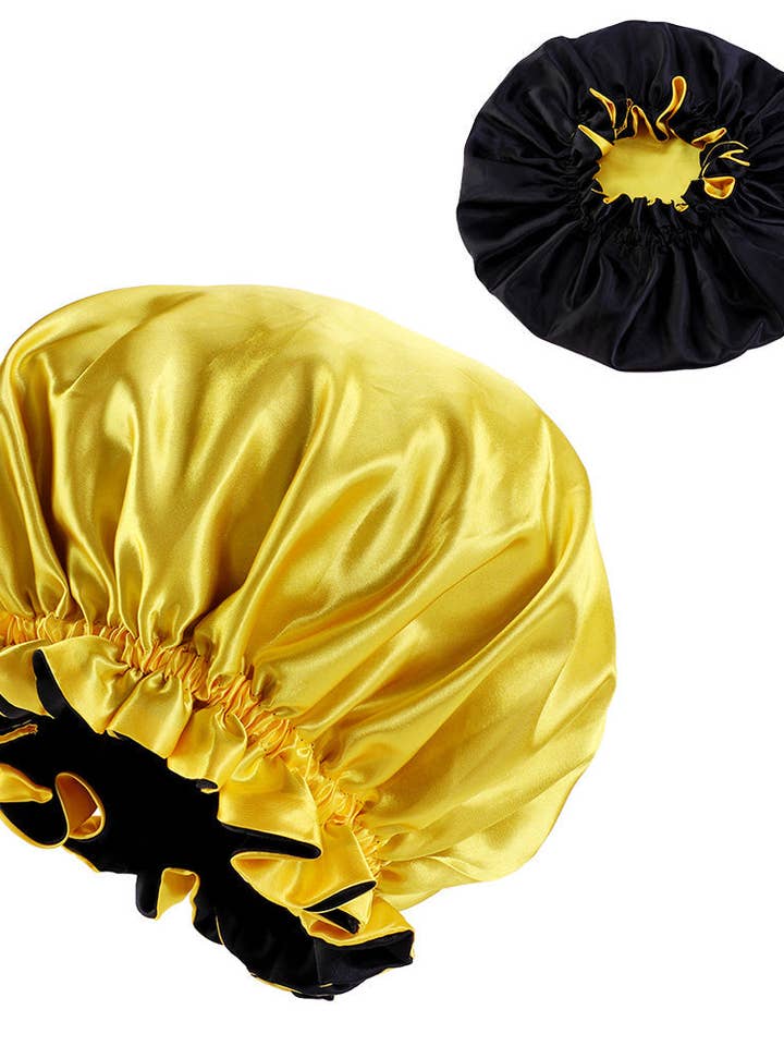 Yellow / Black Satin Hair Bonnet with edge ( Reversable Satin Night sleep cap ) for wholesale by AfricanFabs