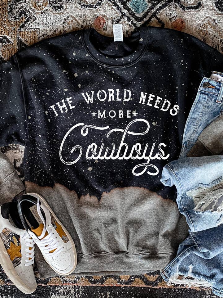 The World Needs More Cowboys Star Bleached Sweatshirt for wholesale by Hank & Scoot