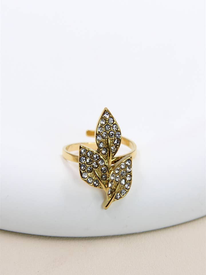 Stainless Steel Leaf Ring With Rhinestones for wholesale by BELLISSIMA BIJOUX