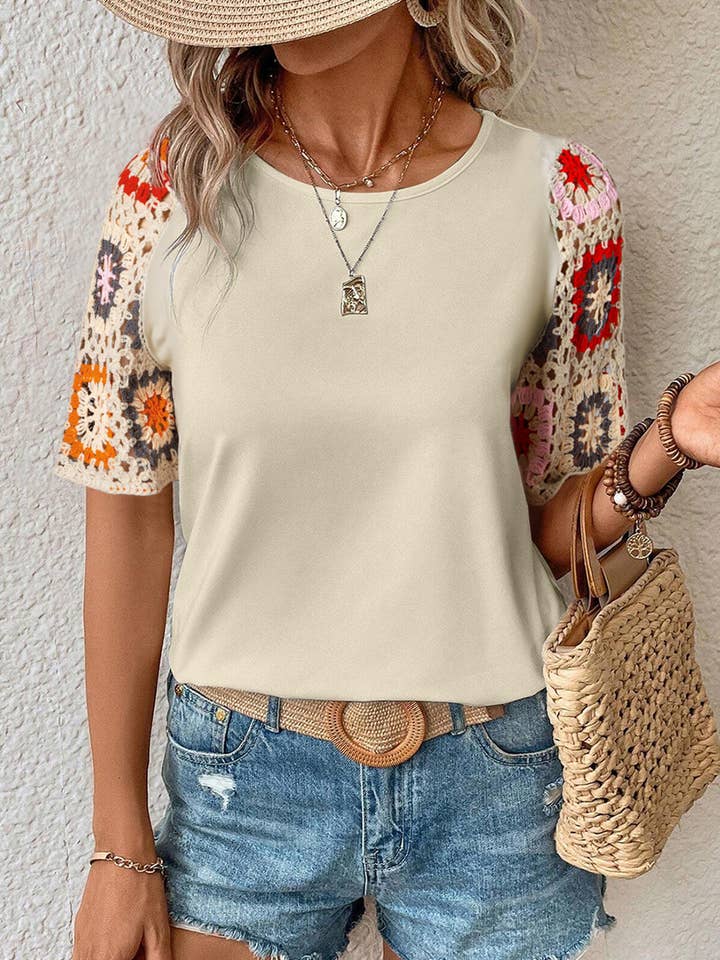 Lovesoft - Wholesale Knit Top - Women's - Casual Round Neck Half Sleeve Top Floral Crochet T Shirt
