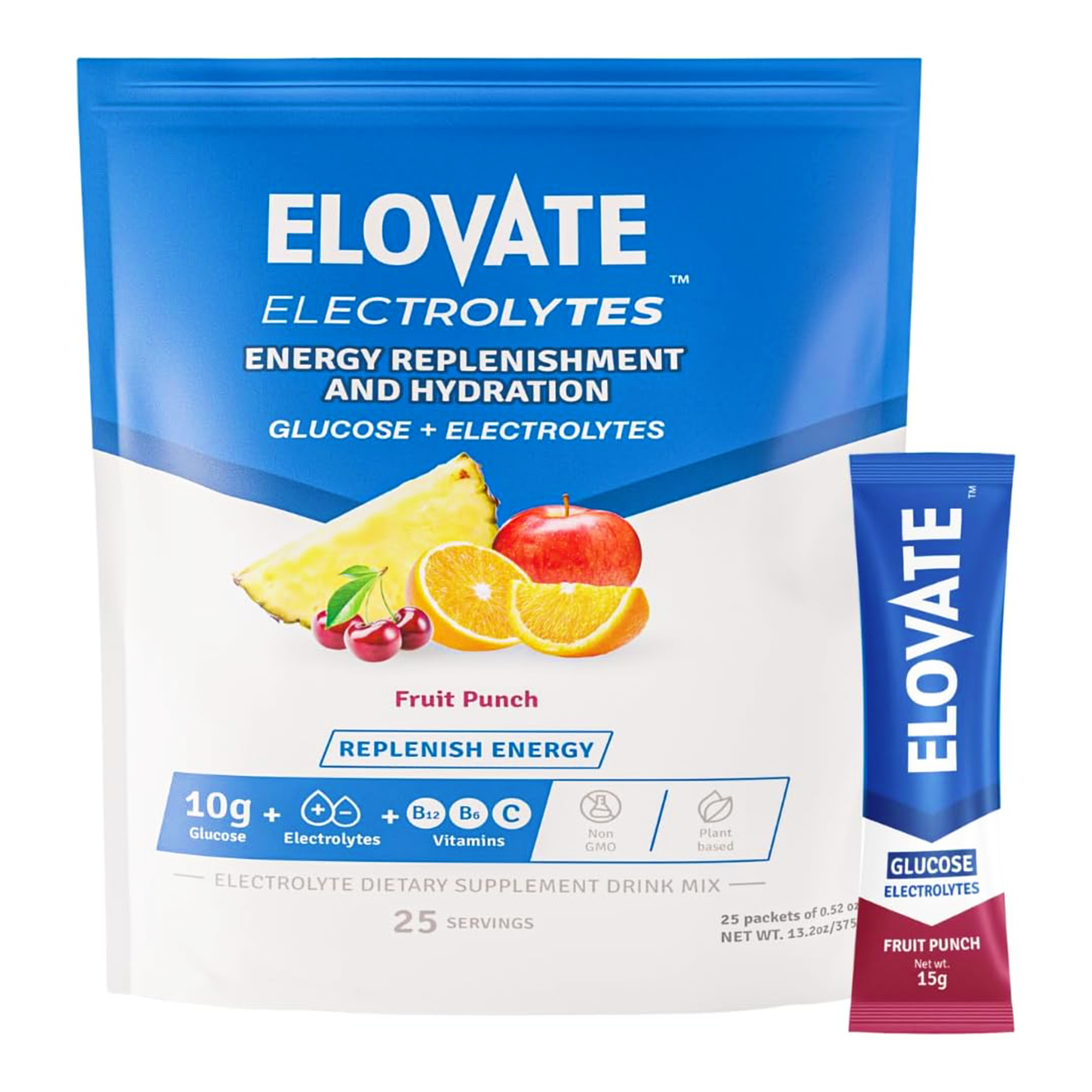 ELOVATE - Wholesale Powdered Health Drink - Elovate 15 - Electrolyte Drink Mix with 10g Glucose - Hydrating Electrolyte Powder Packets for Energy, Rapid Rehydration, Workout Recovery, Dehydration Relief, Fitness & Active Lifestyles - Premium Drink for Daily Hydration (Fruit Punch, Pack of 25)0
