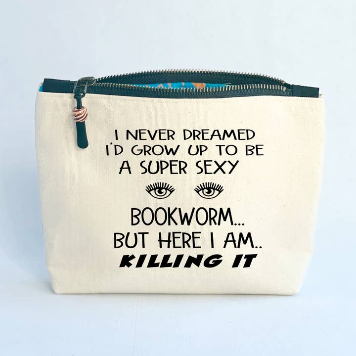 Canvas Pouch Lined Zip Bag - Super Sexy Bookworm for wholesale by Pretty Clever Words