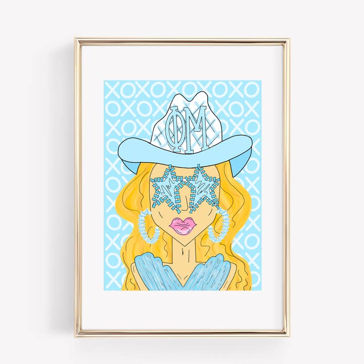Phi Mu - CUSTOMIZABLE Blue Funky Cowgirl - PRINT for wholesale by Made By Marissa Art