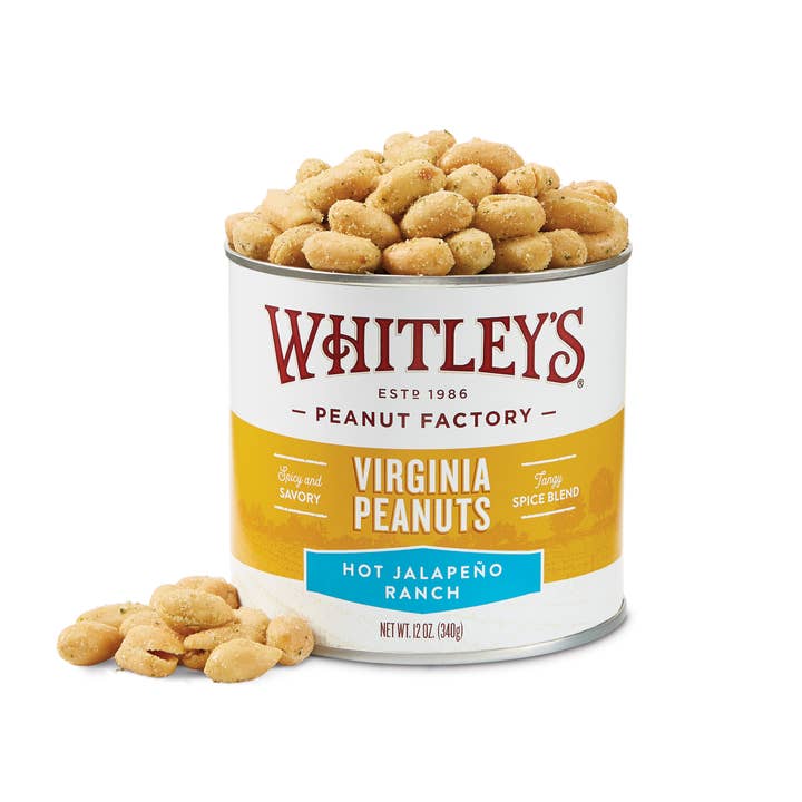 12 oz. Tins Hot Jalapeno Ranch Virginia Peanuts for wholesale by Whitley's Peanut Factory