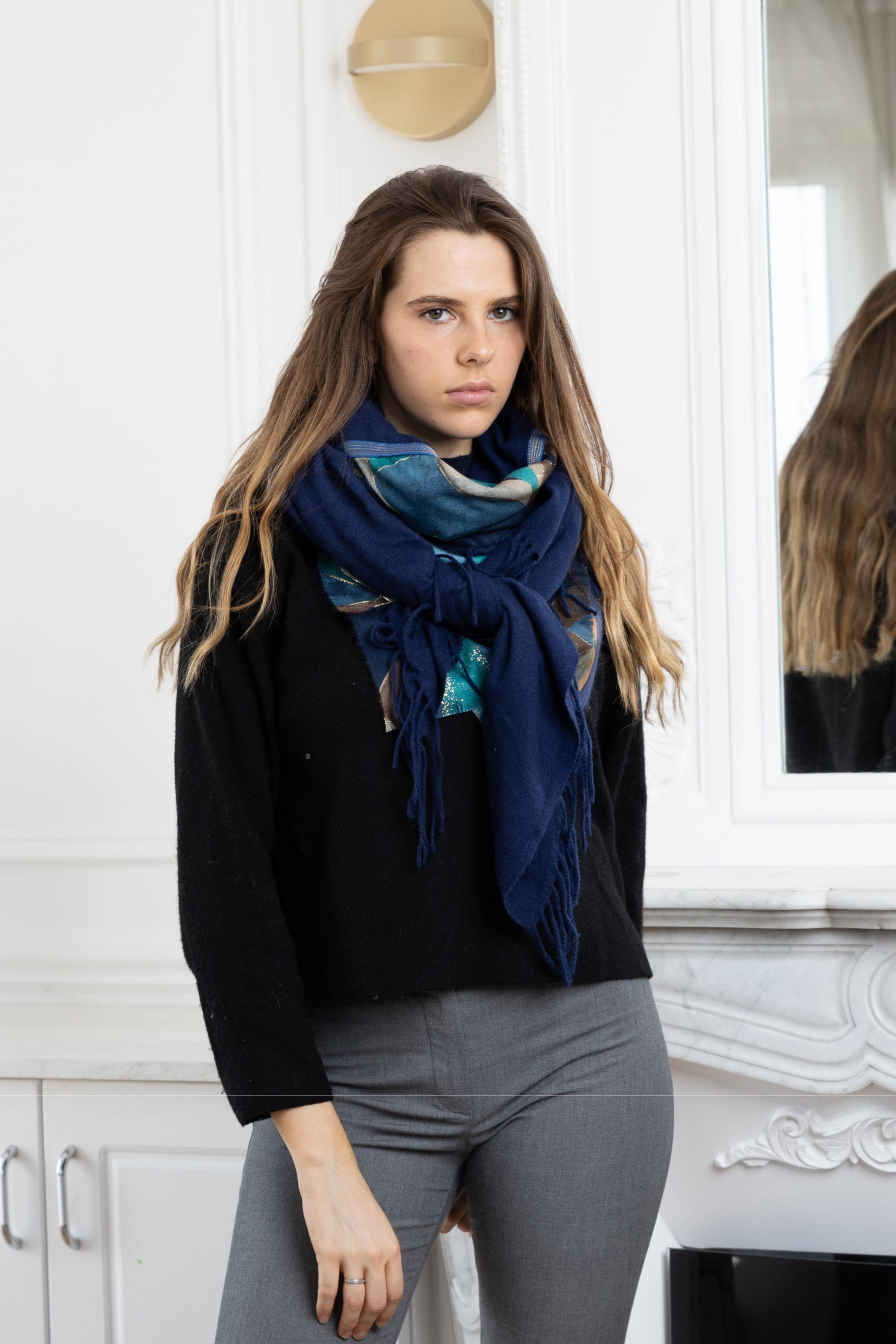 LINETA - Wholesale Scarf - Women's - GC-12 Large square patchwork scarf with long fringe1