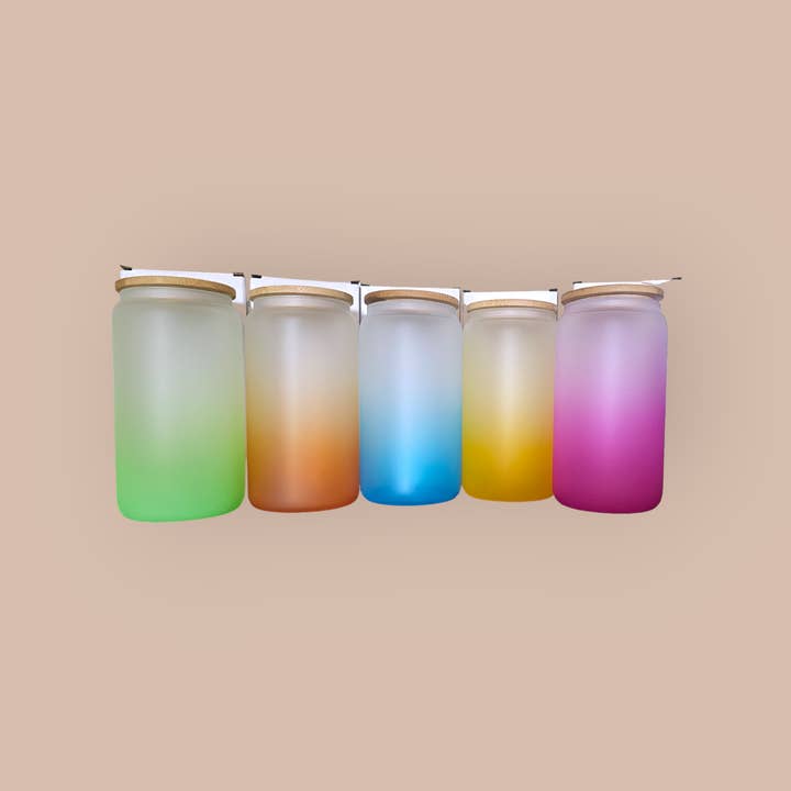 Baby N Me,LLC - Wholesale Drinking Glass/Cup - 16oz Frosted Colored Glass Beer can W Bamboo Lid &Straws