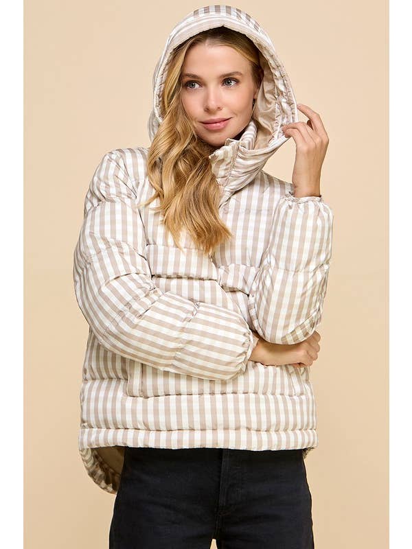 Beige CJ6604-Gingham Pull Over Puffer Jacket for wholesale on Faire