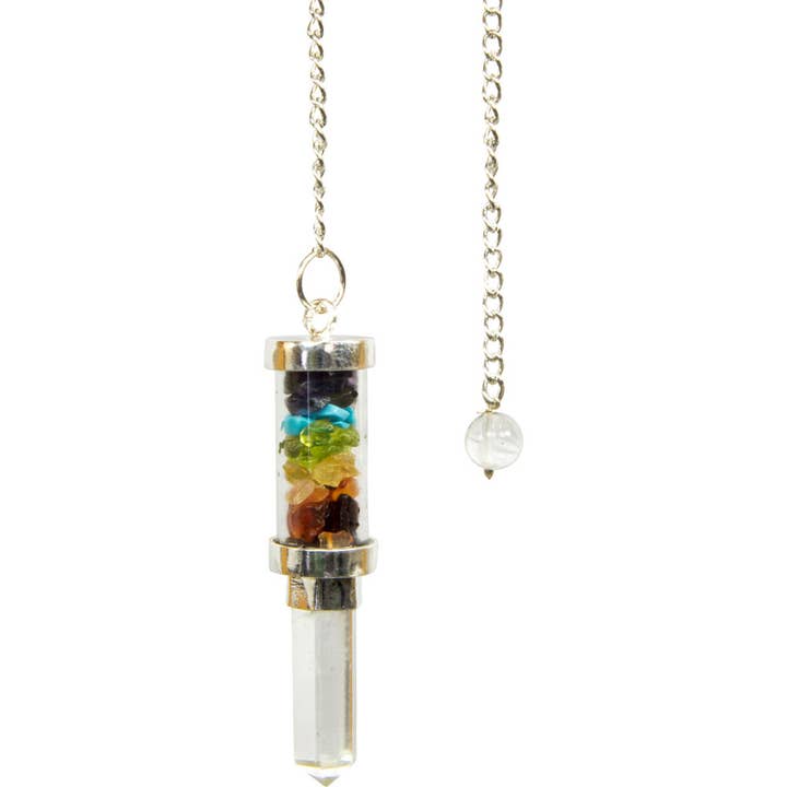 Glass Tube Pendulum w/ Chakras Chips & Crystal Point (Each) for wholesale by Kheops International