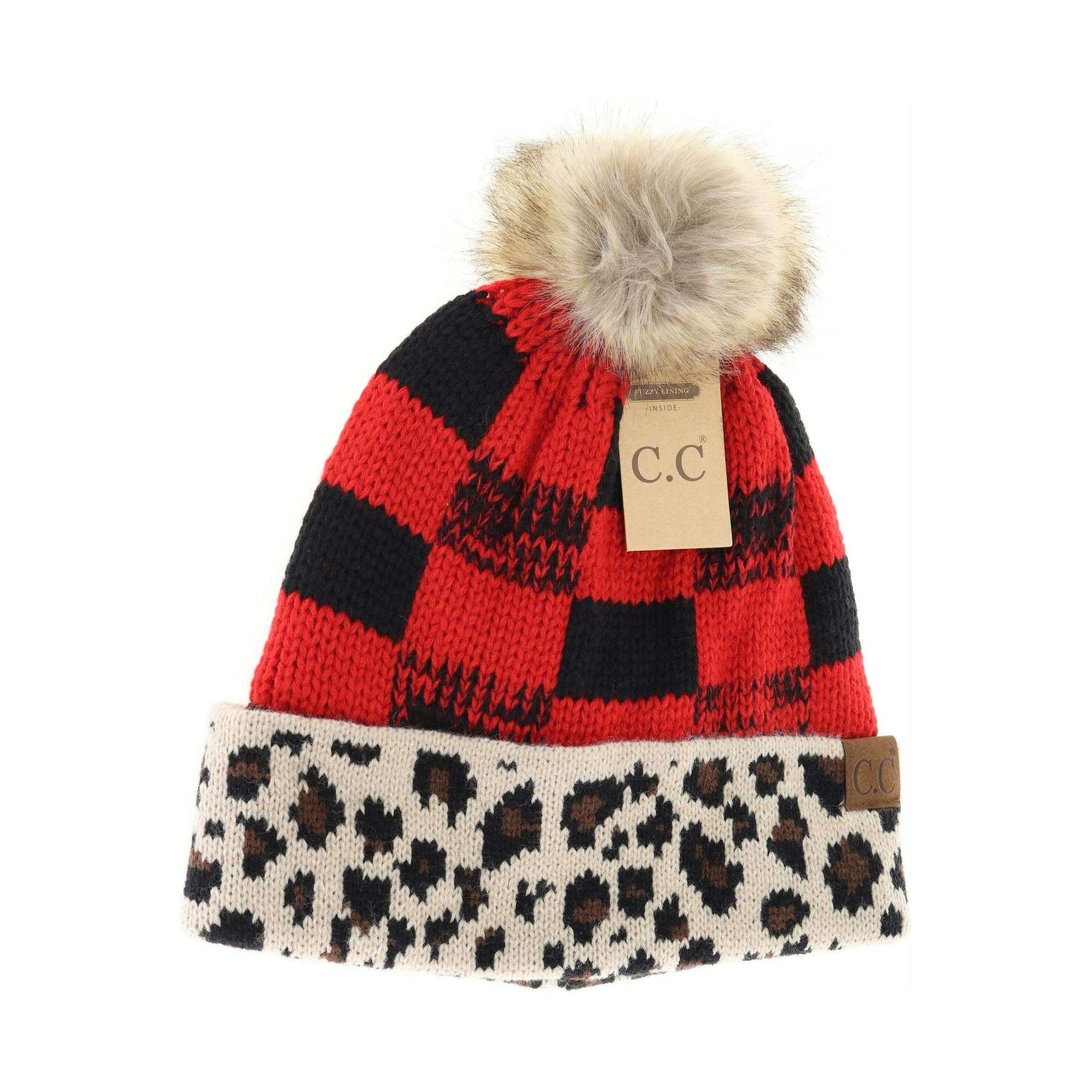 Red Black Leopard/Buffalo Mixed Print Fur Pom C.C Beanie HAT2084 for wholesale on Faire3