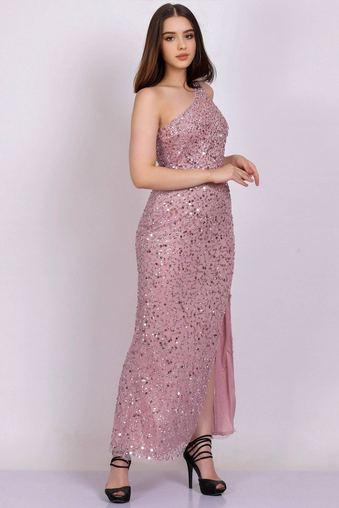 Naeve One Shoulder Sequin Dress in Pink for wholesale on Faire9