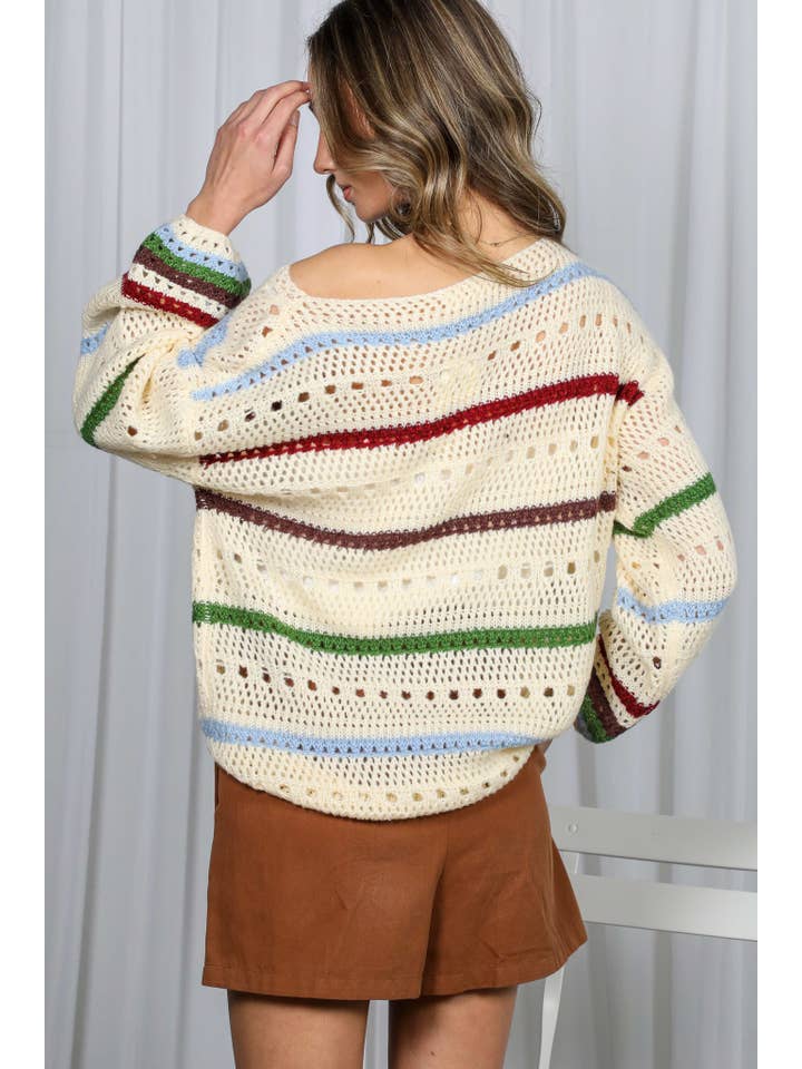 Multi Top de suéter de punto de crochet a rayas multicolor VT81238A- de venta al por mayor en Faire10