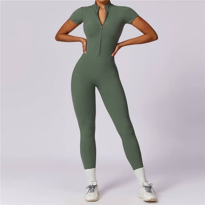 FurDecoration - Wholesale Unitard – Women′s - Solid Color Short Sleeve Zipper Skinny Yoga Fitness Jumpsuit2