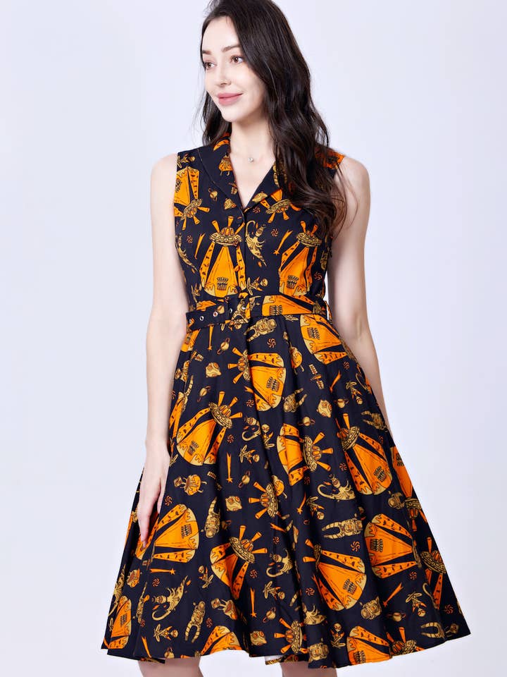 239103-CHARCOAL MULTI | Jani | Vestido ajustado y acampanado con bolsillos para venta al por mayor de Miss Lulo