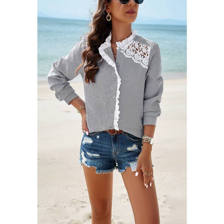 Colorblock-Guipure-Spitzenbesatz-Knopf-Fronthemd für den Großhandel von Supreme Fashion