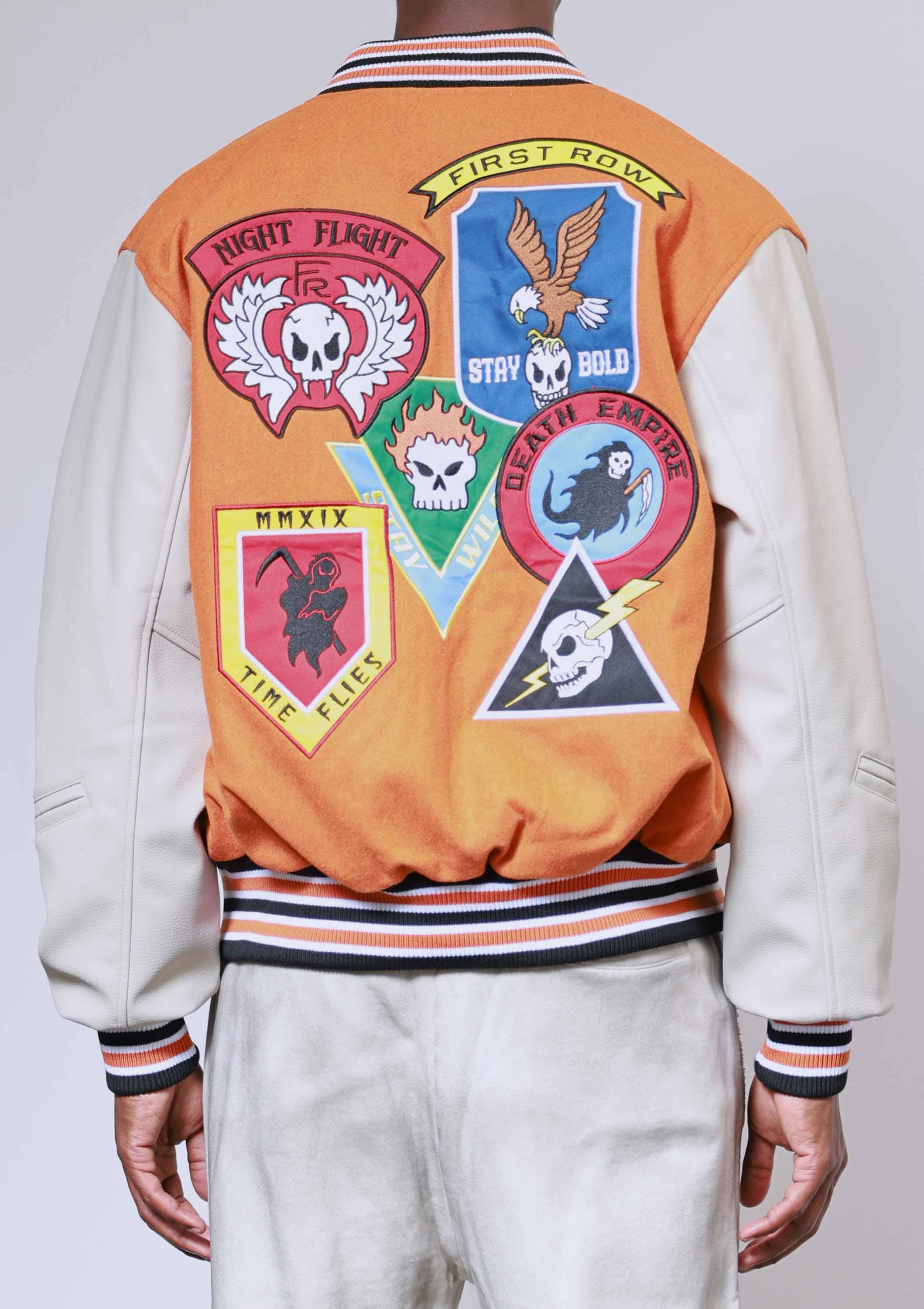 Orange LOGO ALLOVER VARSITY JACKET for wholesale on Faire5