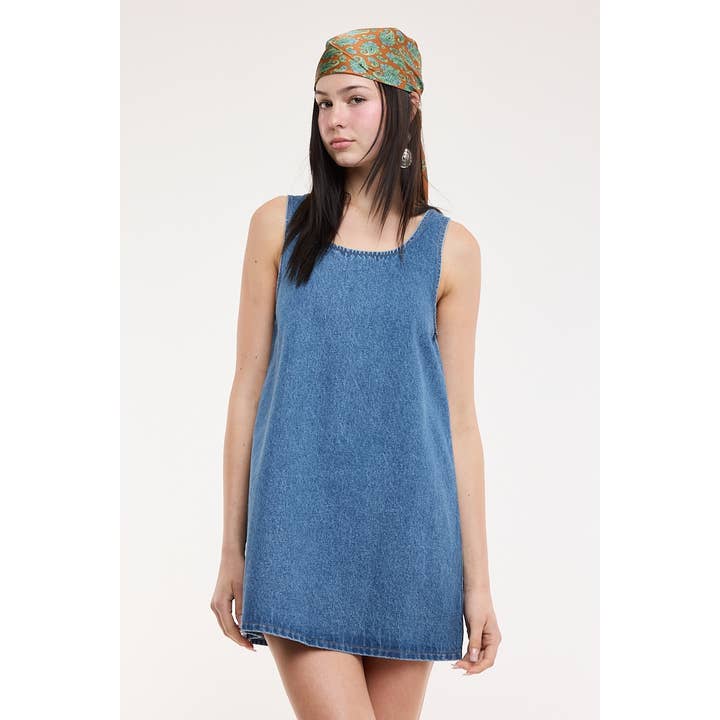 BRIGHT BLUE DENIM ROUND NECK BABYDOLL MINI DRESS for wholesale by Sky to Moon